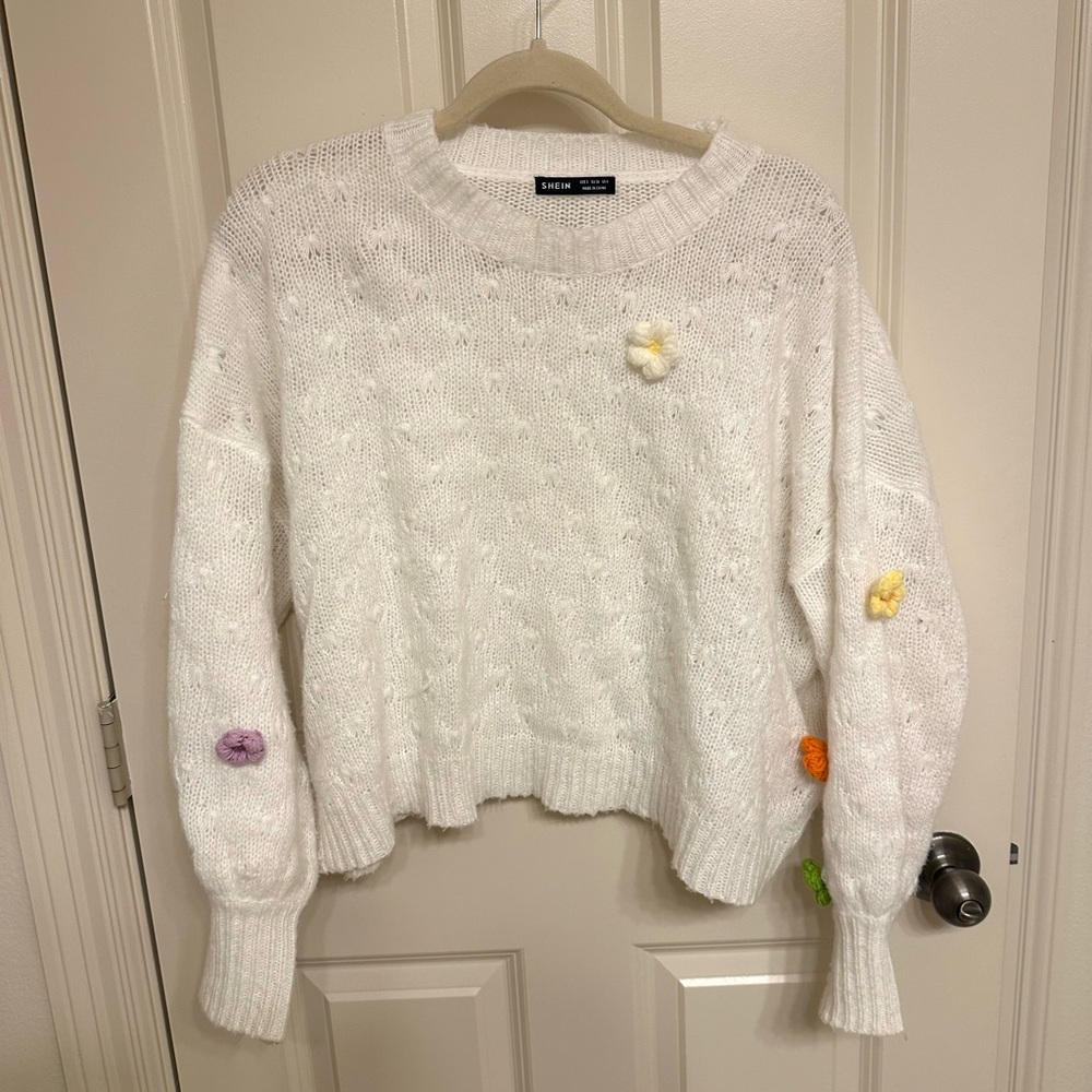 SHEIN White Sweater with Multicolor Flowers
